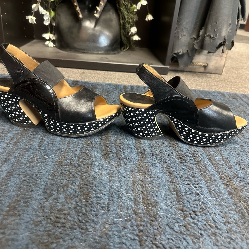 John Fluevog Black Peep-Toe Platform Sandals with Polka Dot Heels - Picture 2 of 6